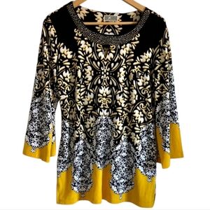 JM Collection Petit Medium Embellished 3/4 Bell Sleeve Bold Top